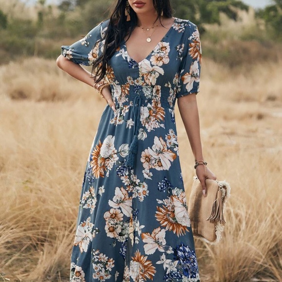 boho floral print vneck slit black midi dress Blue - Picture 9 of 11